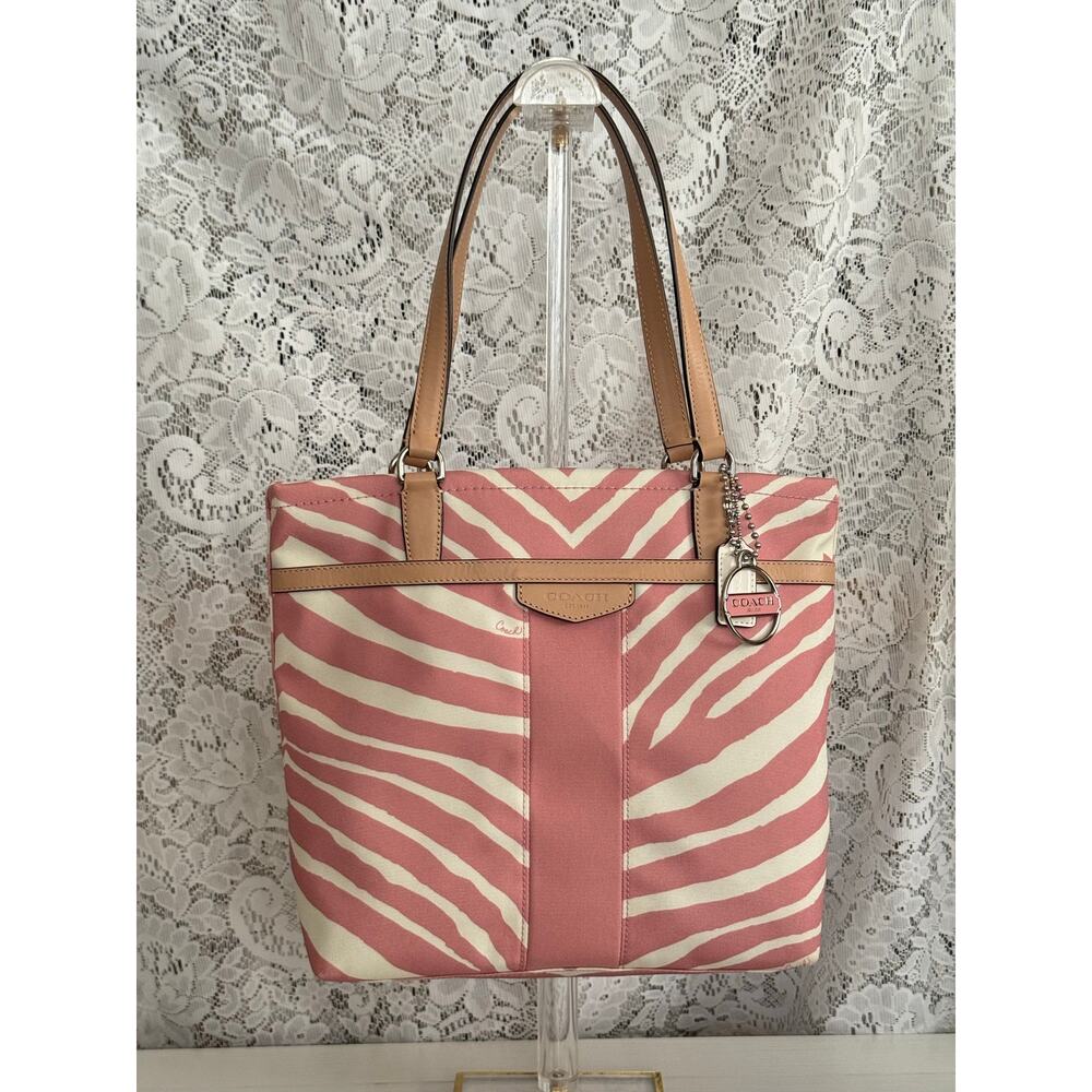 Coach Zebra Print Signature Stripe Tote F23283 Pink White EUC